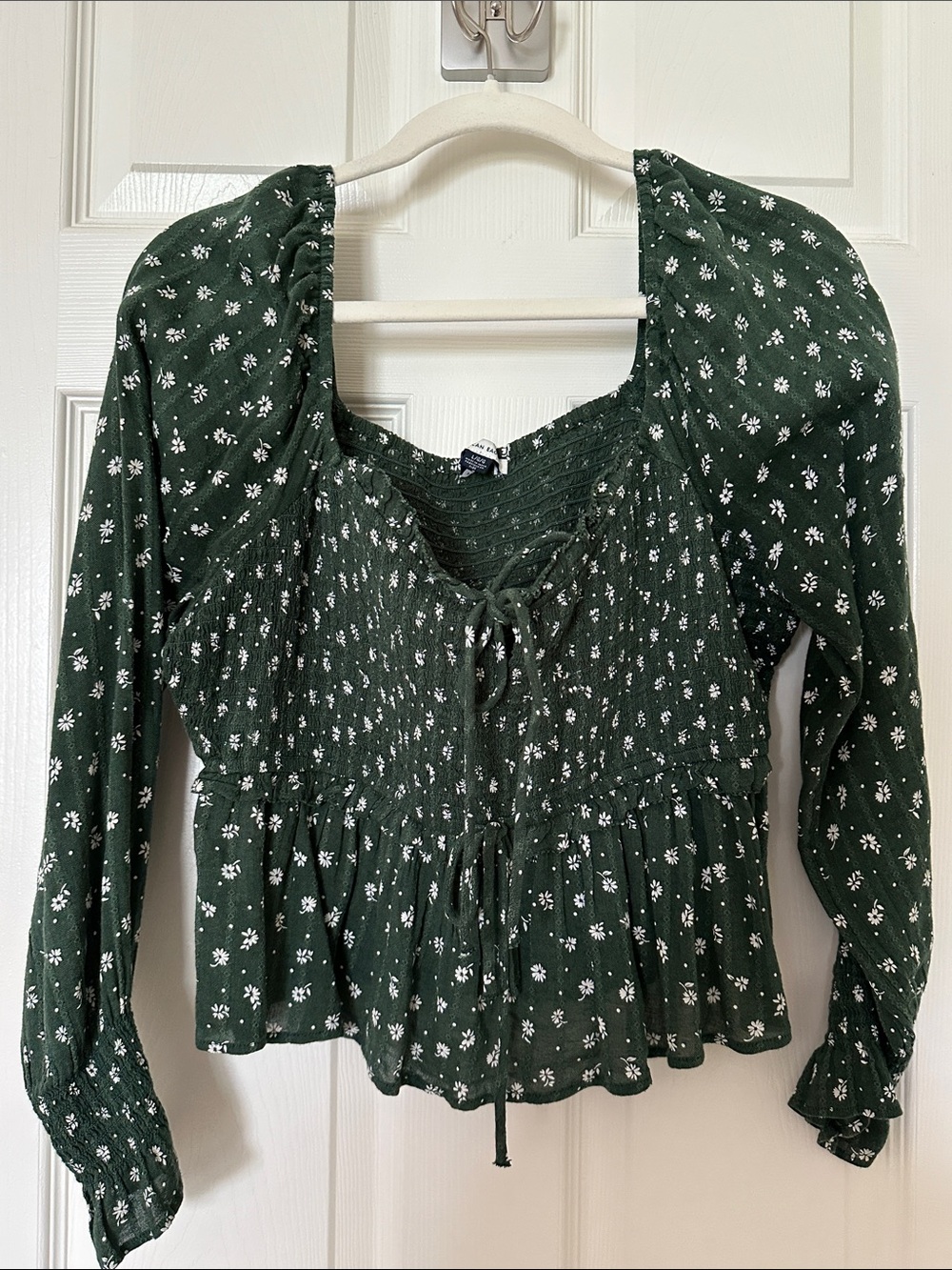 American Eagle Outfitters Dark Green Floral Smocked Peasant Blouse